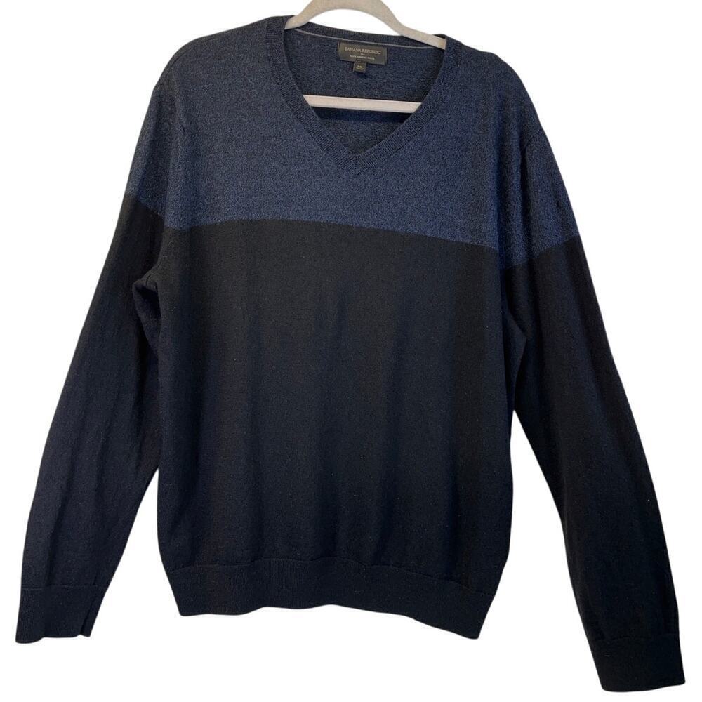 Banana Republic Mens XL Black/Blue 100%MerinoWool Sweater Business Casual FLAW